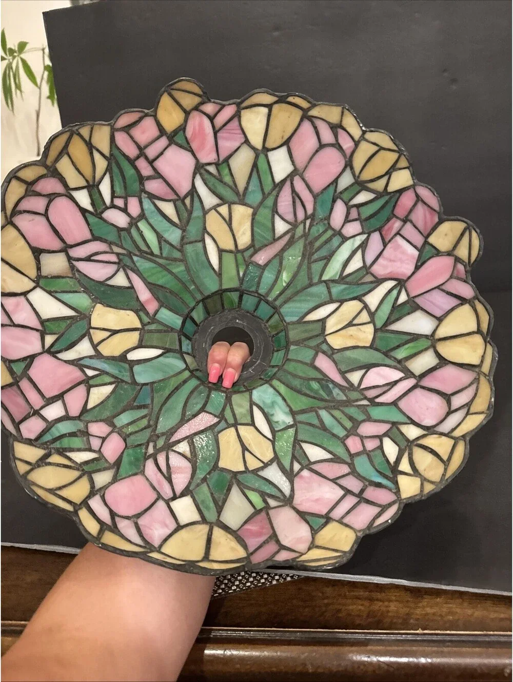 Tiffany Style Stained Glass Lamp 15” Shade Pink Yellow Green Floral Art Nouveau